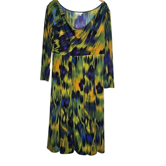 London Times Womens Abstract Multicolor Peacock Cowl Neck Dress 3/4 Sleeve‎ 6 - Picture 1 of 8